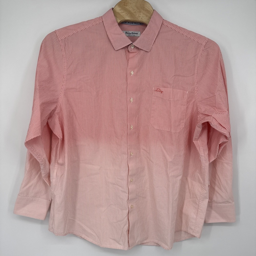 Tommy Bahama Fadeaway Beach Sunwashed Ombre Pink Pinstripe Shirt XXL Pima Cotton